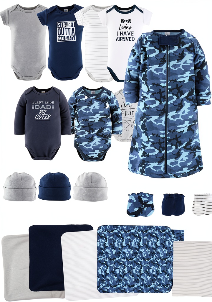 Baby boy wearing a short‑sleeve bodysuit from the layette set on a wooden changing table