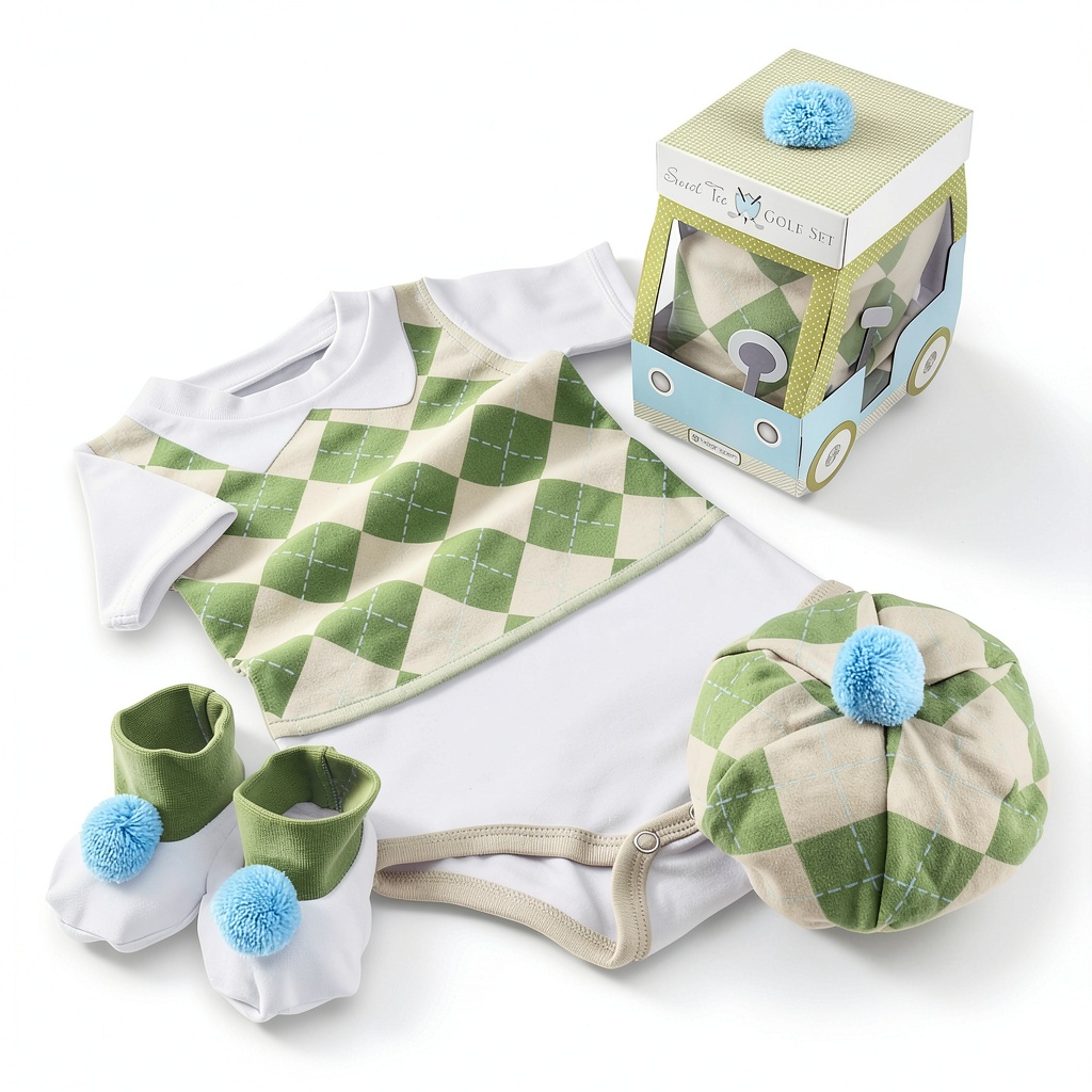 Baby wearing the Baby Golfer Cotton Layette Set on a soft blanket